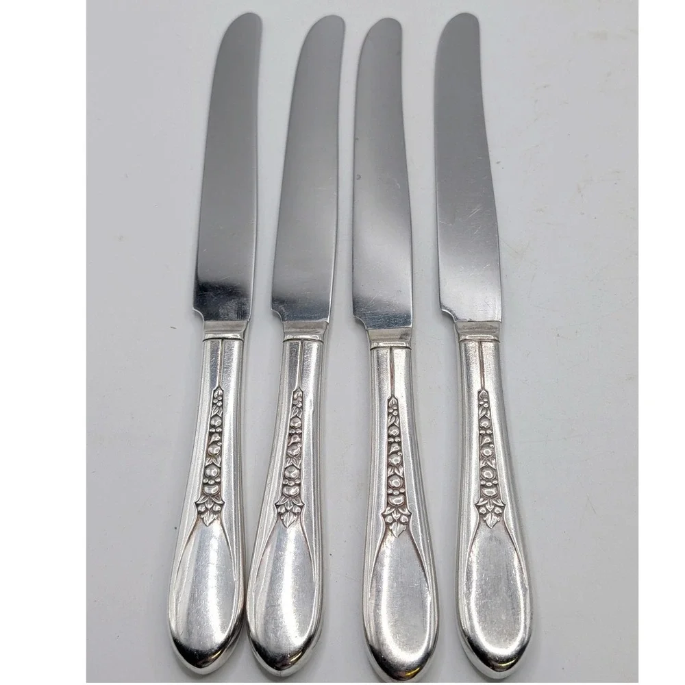 Vtg Wm Rogers Dinner Knives Silver Plate Priscilla Lady Ann Floral Set 4 9.25in